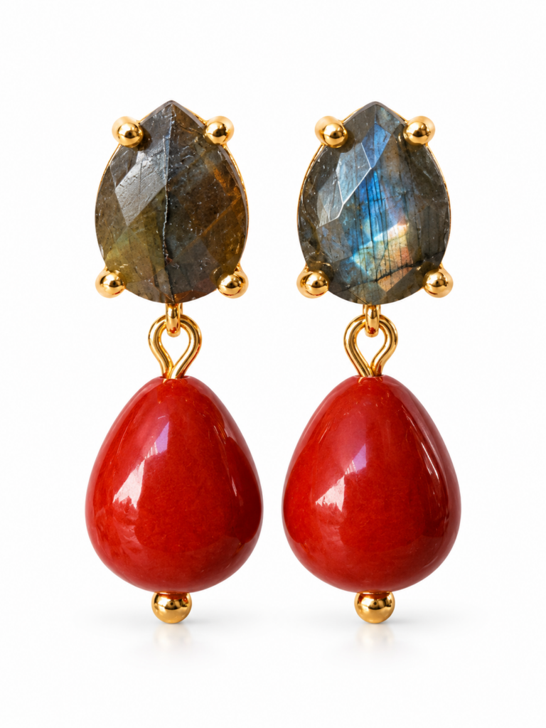 Orecchini goccia corallo e labradorite tortora