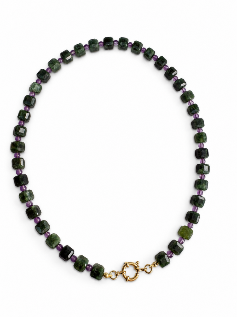 Collana Cube in giada verde muschio e ametista