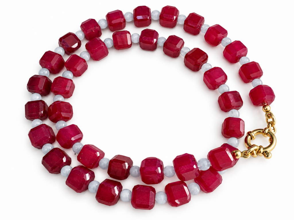 Collana Cube in giada ciliegia e acquamarina