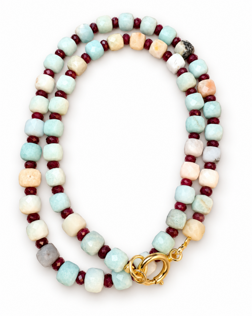 Collana Cube amazzonite e giada bordeaux